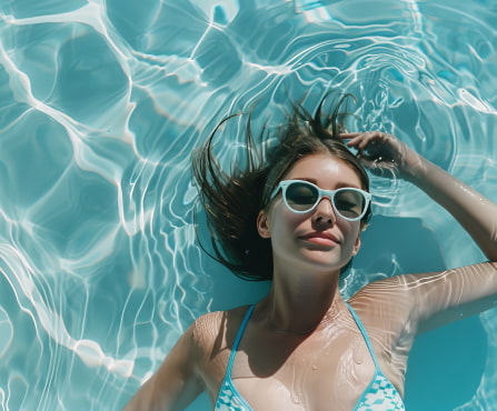 Chica joven con gafas de sol flotando relajada en la piscina Chica joven con gafas de sol flotando relajada en la piscina